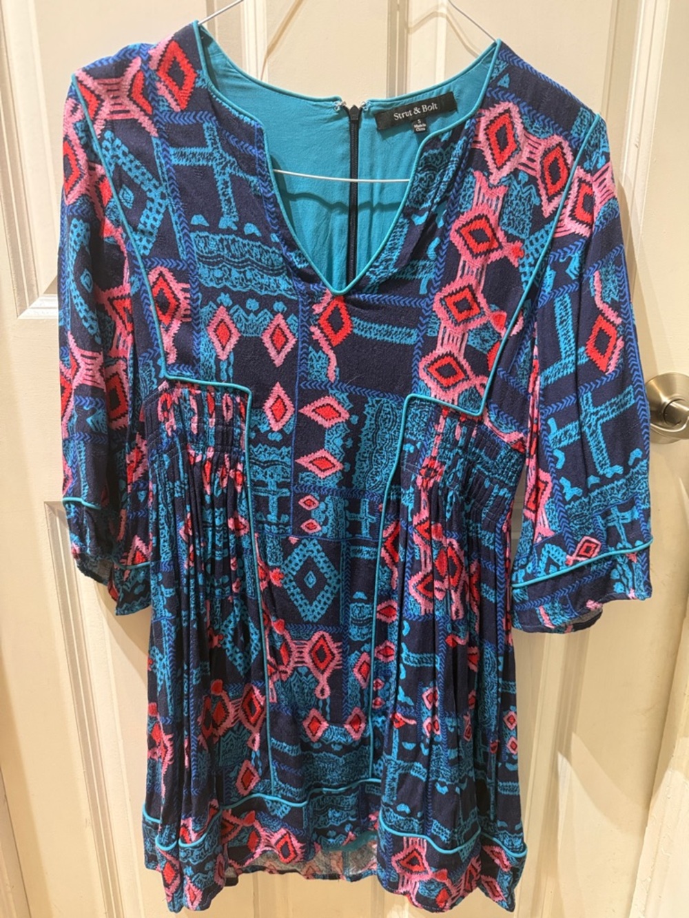 Strut & Bolt V-Neck Printed Tunic Dress — Navy, Teal & Pink